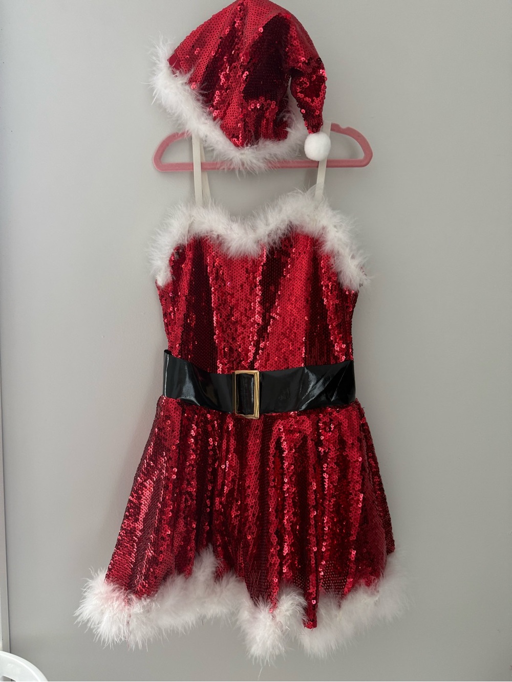 Sequin Mrs. Claus Kids Costume Dress with Hat and fingerless long gloves - Red
